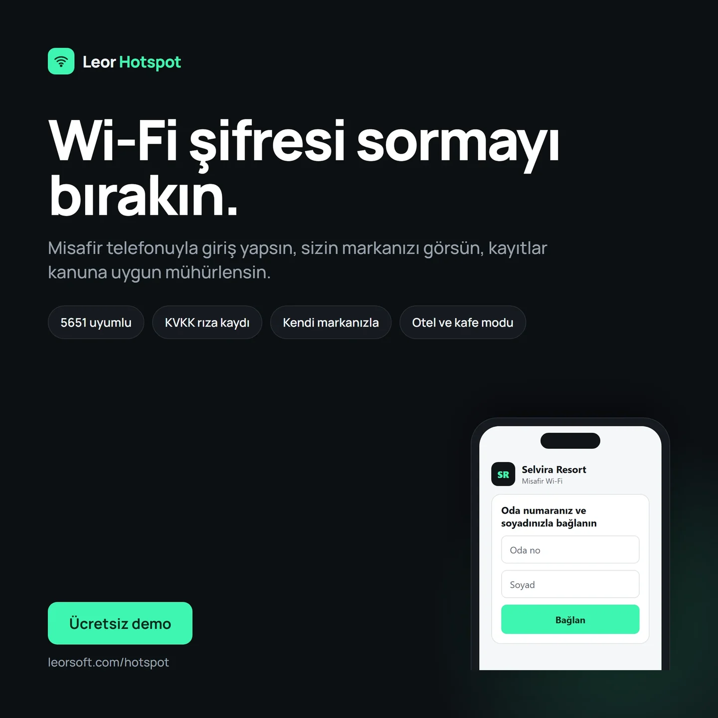 Leor Hotspot tanıtım görseli: otel odası numarasıyla Wi-Fi girişi