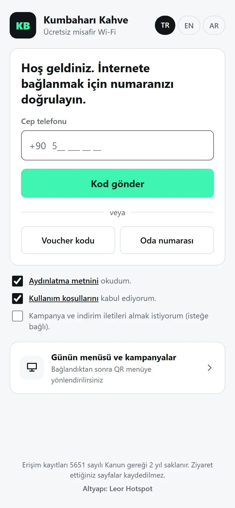 Misafirin telefonunda açılan markalı Wi-Fi giriş ekranı