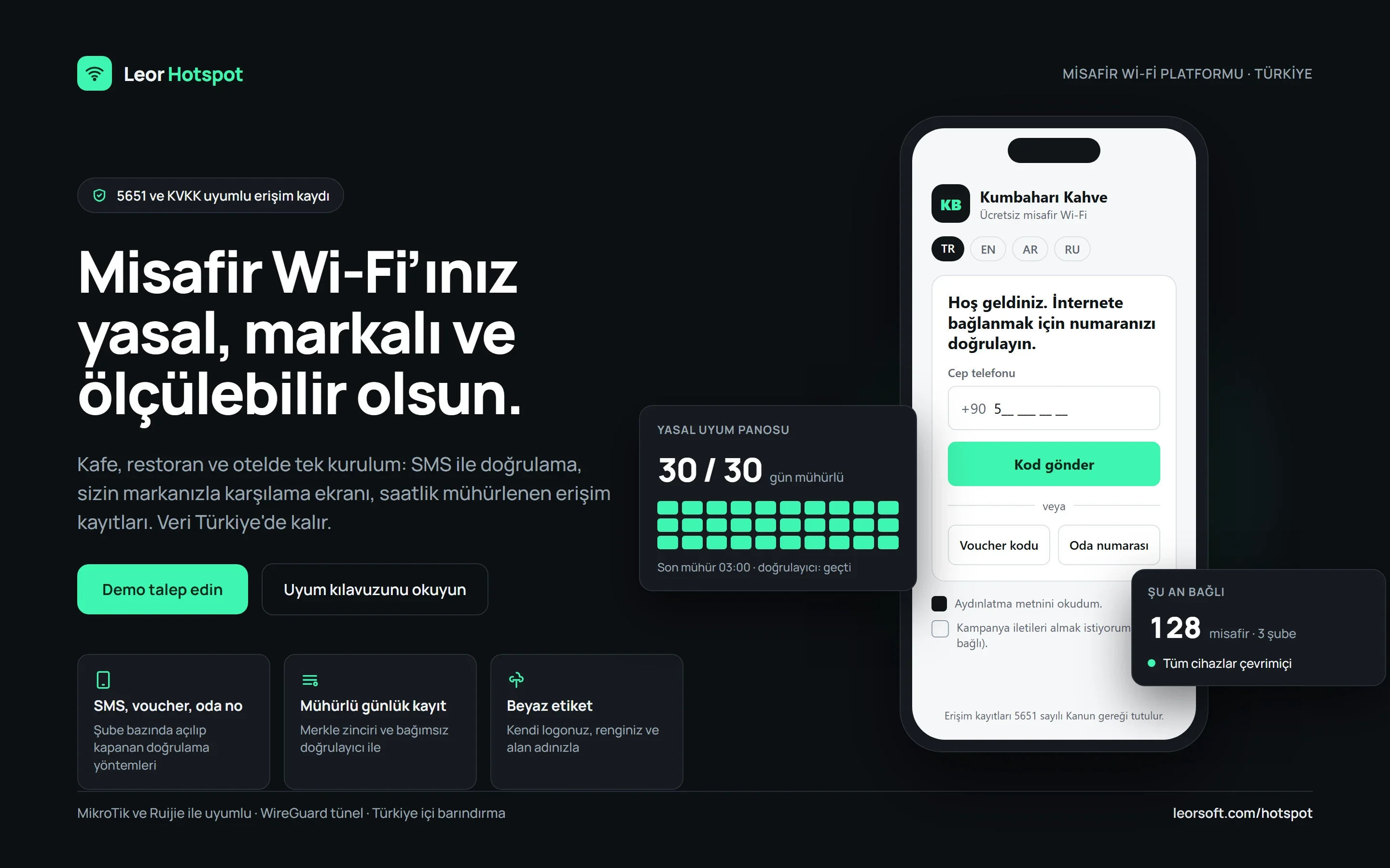 Leor Hotspot: markalı misafir Wi-Fi karşılama ekranı ve yasal uyum panosu