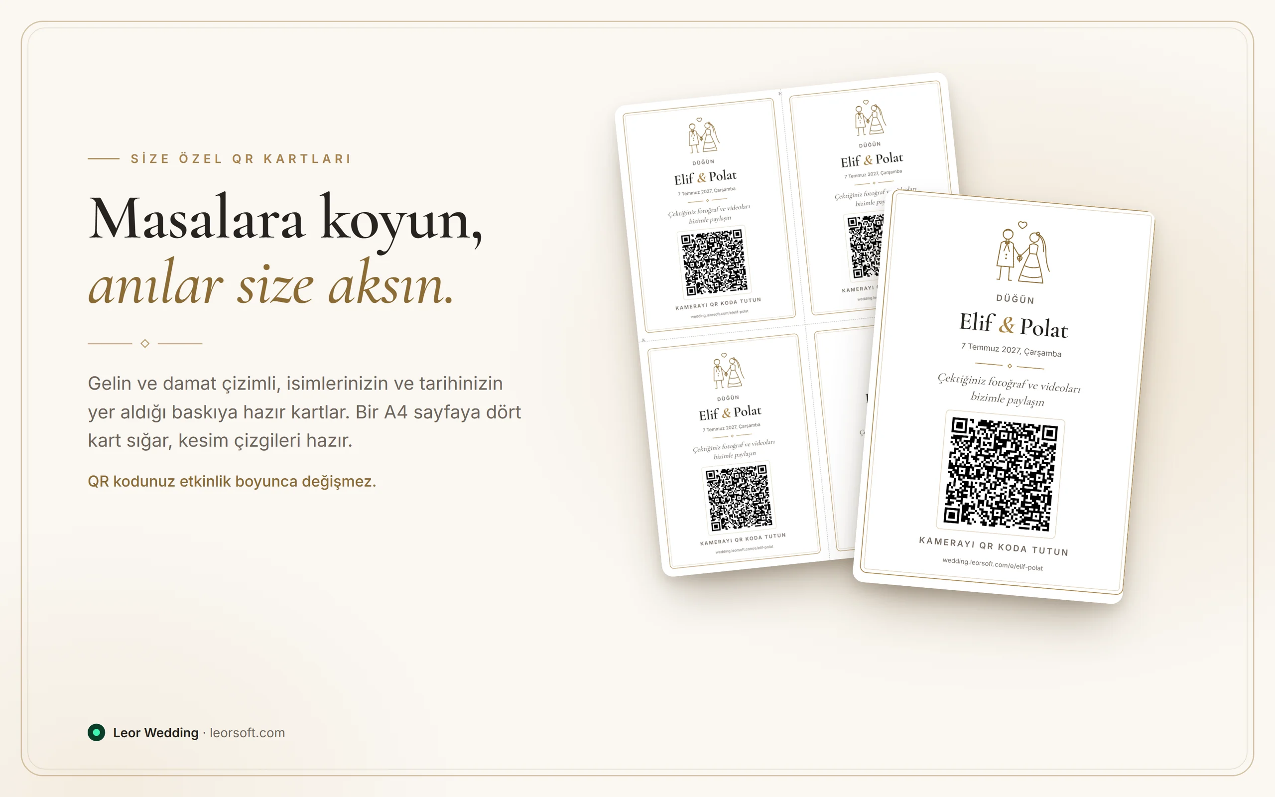 Çifte özel, baskıya hazır QR kartları: bir A4 sayfaya dört kart