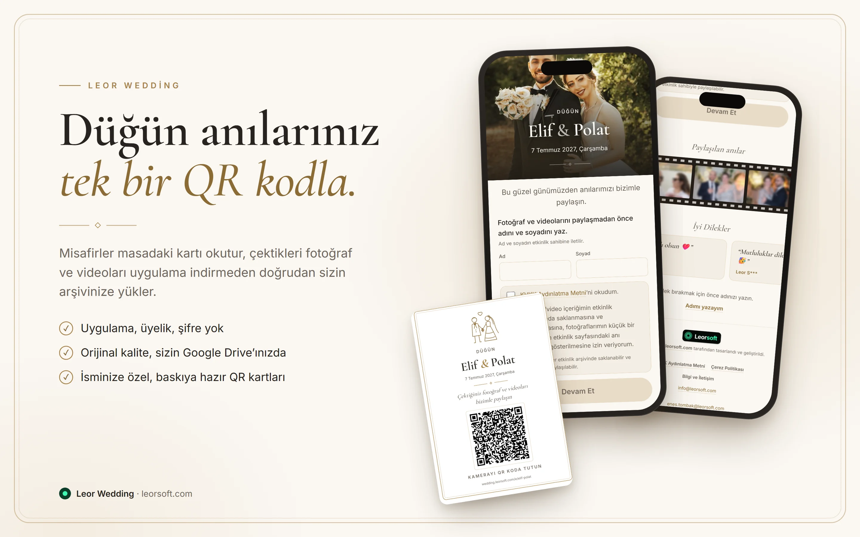 Leor Wedding: misafirin telefonundaki etkinlik sayfası ve masaya konan QR kart